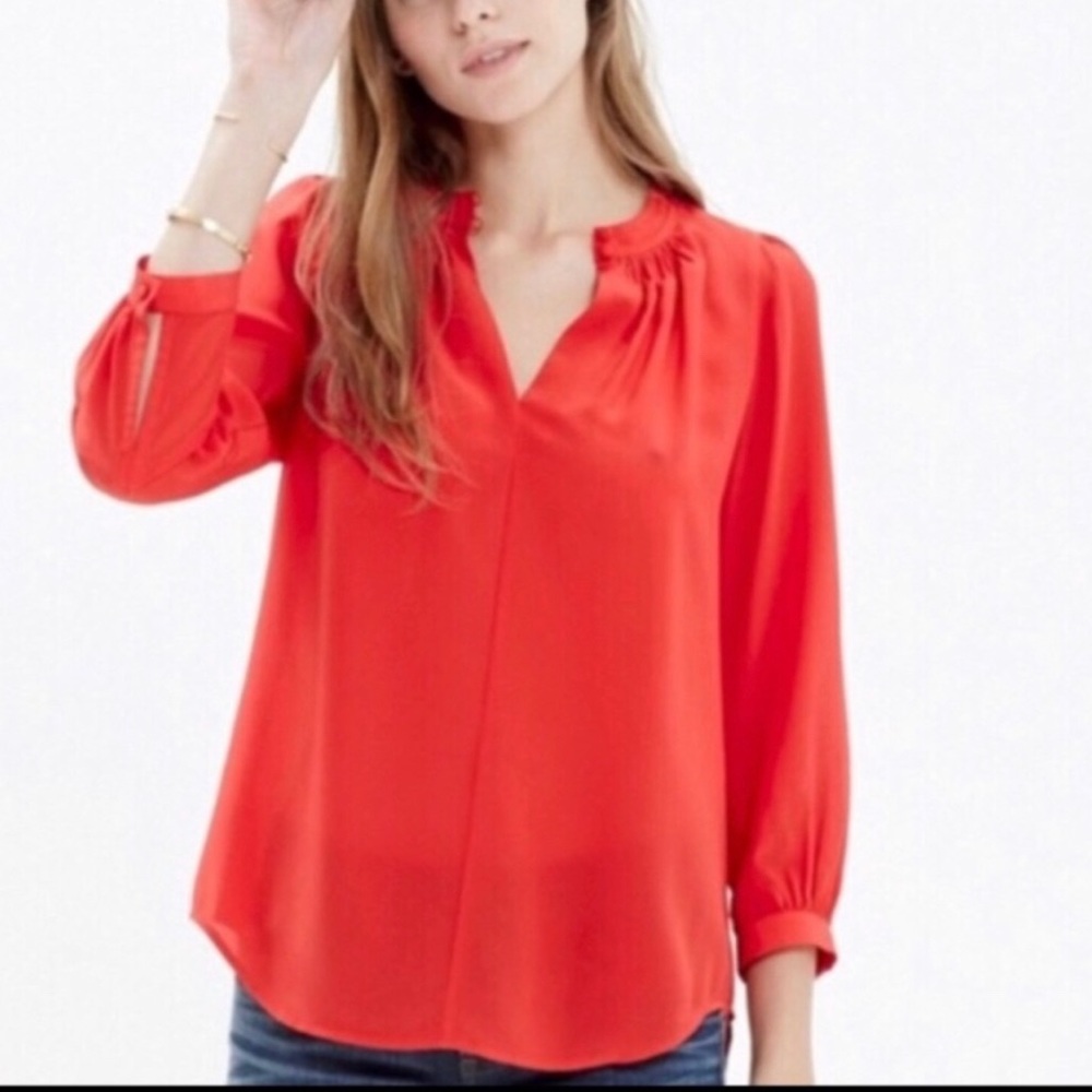 Madewell Red V-Neck 100% Silk Long Sleeve Blouse Size Small